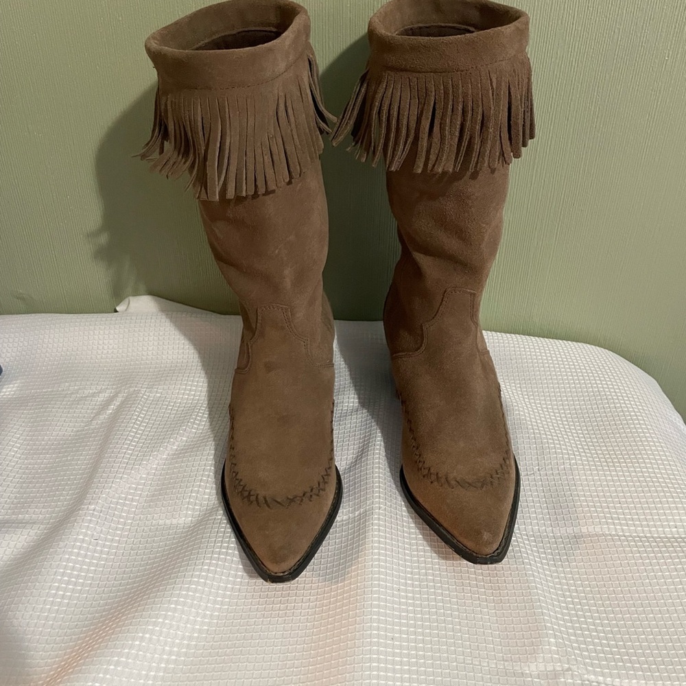 Suede Fringe Knee-High Boots - Brown
